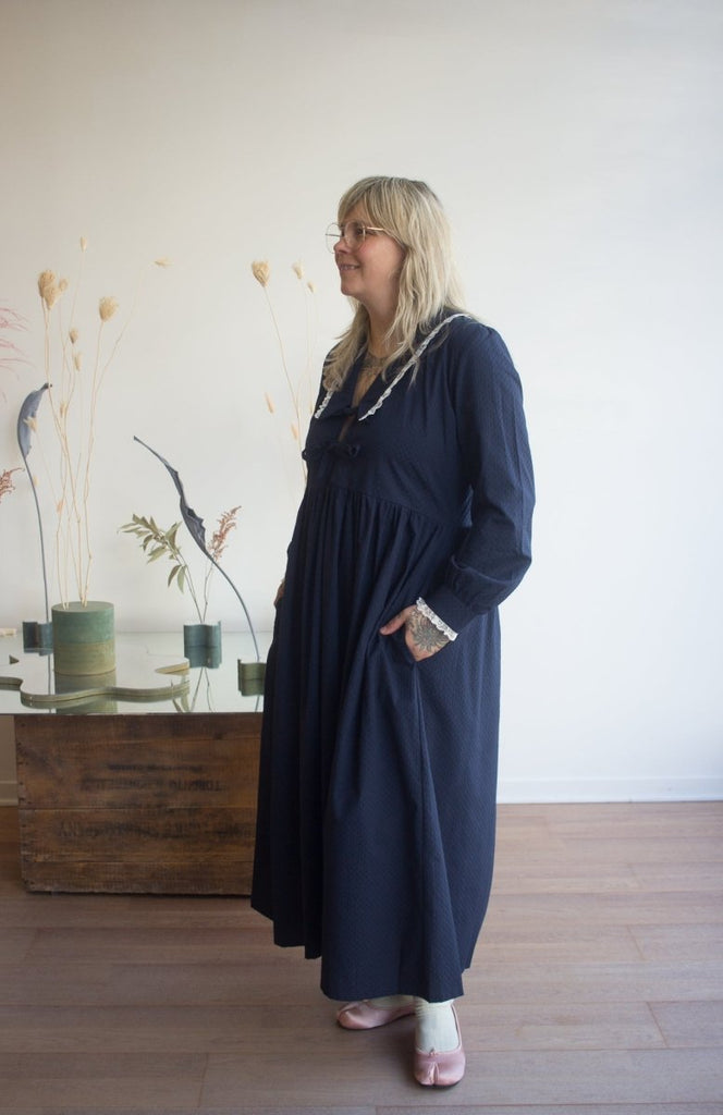 A Bronze Age Woolf Dress (Navy Dimple) - Victoire BoutiqueA Bronze AgeDresses Ottawa Boutique Shopping Clothing