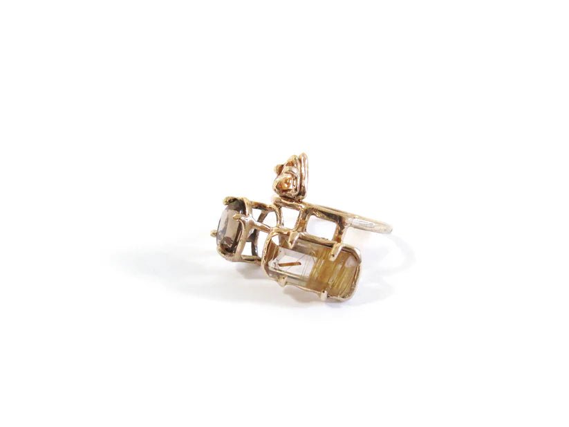 Elaine Ho 14K Gold Ring (Smokey Quartz, Spessartine Garnet & Rutilated Quartz) - Victoire BoutiqueElaine HoRings Ottawa Boutique Shopping Clothing