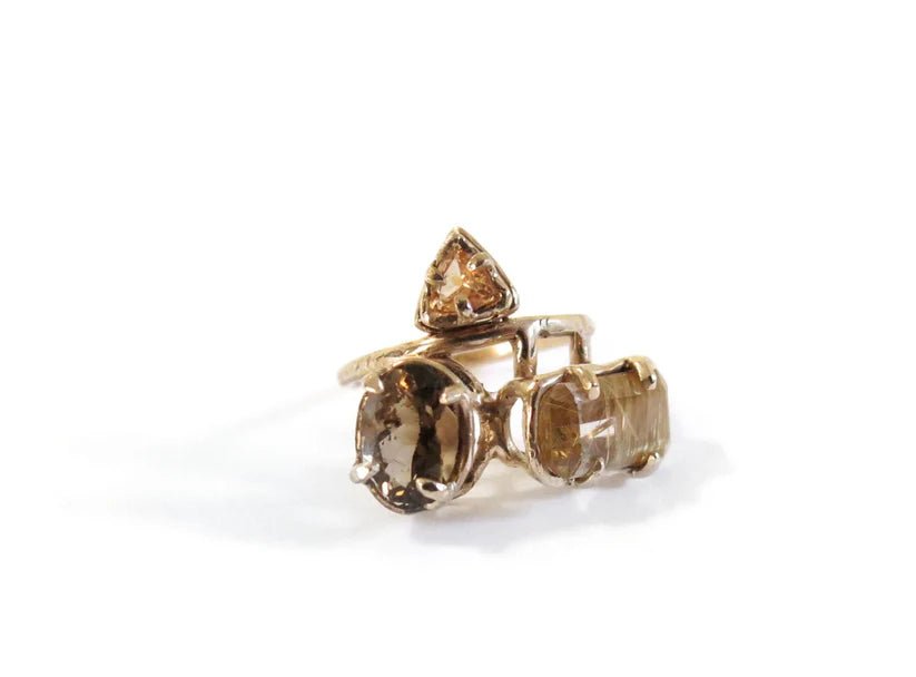 Elaine Ho 14K Gold Ring (Smokey Quartz, Spessartine Garnet & Rutilated Quartz) - Victoire BoutiqueElaine HoRings Ottawa Boutique Shopping Clothing