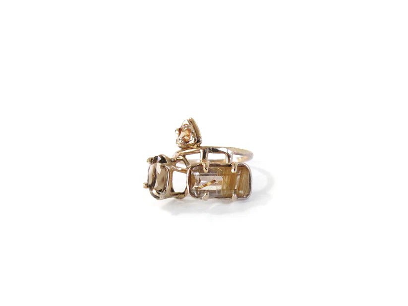 Elaine Ho 14K Gold Ring (Smokey Quartz, Spessartine Garnet & Rutilated Quartz) - Victoire BoutiqueElaine HoRings Ottawa Boutique Shopping Clothing