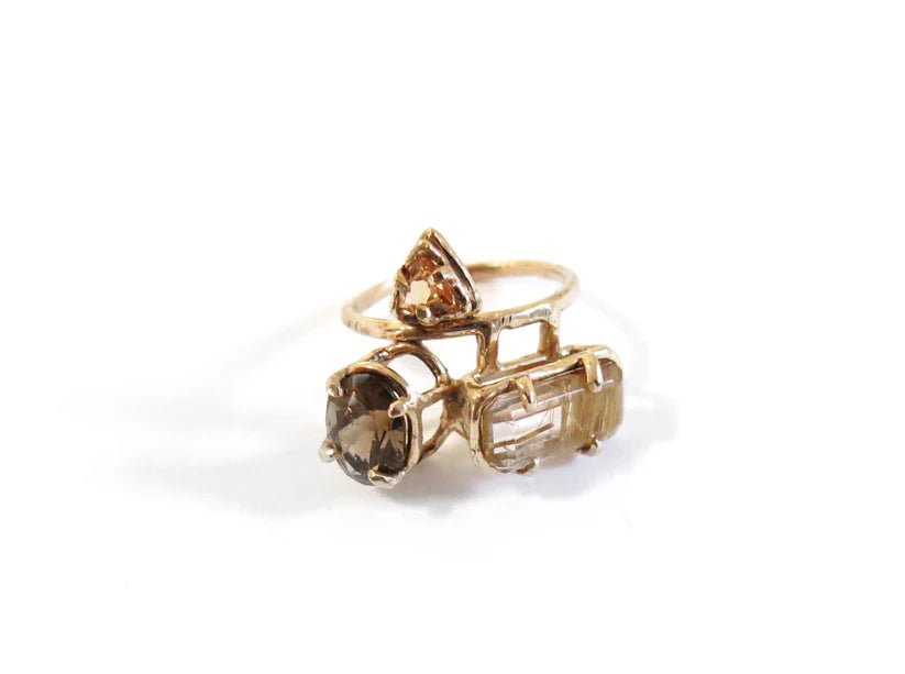 Elaine Ho 14K Gold Ring (Smokey Quartz, Spessartine Garnet & Rutilated Quartz) - Victoire BoutiqueElaine HoRings Ottawa Boutique Shopping Clothing