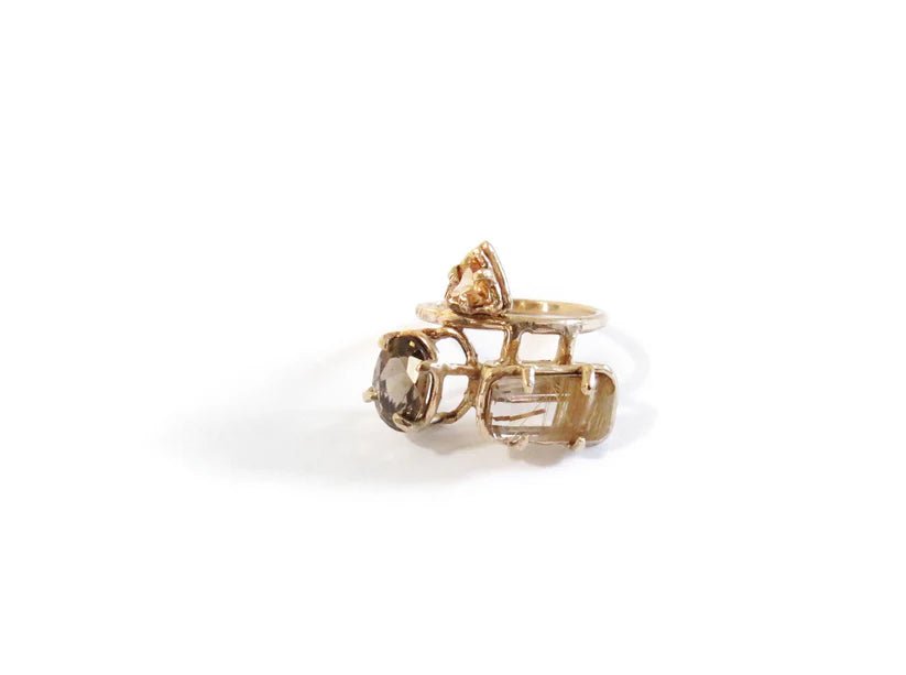 Elaine Ho 14K Gold Ring (Smokey Quartz, Spessartine Garnet & Rutilated Quartz) - Victoire BoutiqueElaine HoRings Ottawa Boutique Shopping Clothing