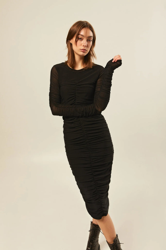 Hilary MacMillan Ruched Sleeve Mesh Dress (Black) - Victoire BoutiqueHilary MacMillanDresses Ottawa Boutique Shopping Clothing