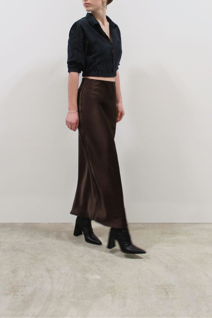 Jacoba Jane Long Silk Satin Maxi Skirt (Cocoa) - Victoire BoutiqueJacoba JaneBottoms Ottawa Boutique Shopping Clothing