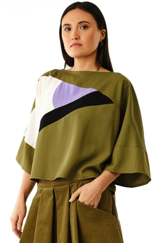 Jennifer Glasgow Lacerta Colour Blocked Top (Moss) - Victoire BoutiqueJennifer GlasgowShirts & Tops Ottawa Boutique Shopping Clothing