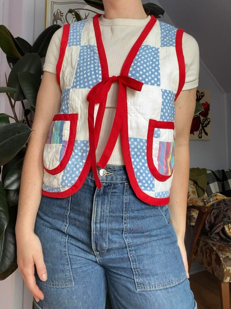 Middle Sister Co. Antique Patchwork Quilt Vest (White/Blue/Red Trim) - Victoire BoutiqueMiddle Sister Co.Tops Ottawa Boutique Shopping Clothing