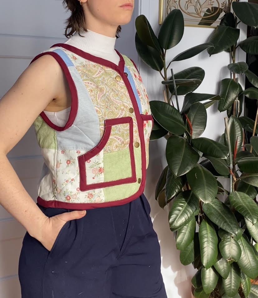 Middle Sister Co. Patchwork Floral Quilt Vest (Pastel/Burgundy Trim) - Victoire BoutiqueMiddle Sister Co.Tops Ottawa Boutique Shopping Clothing