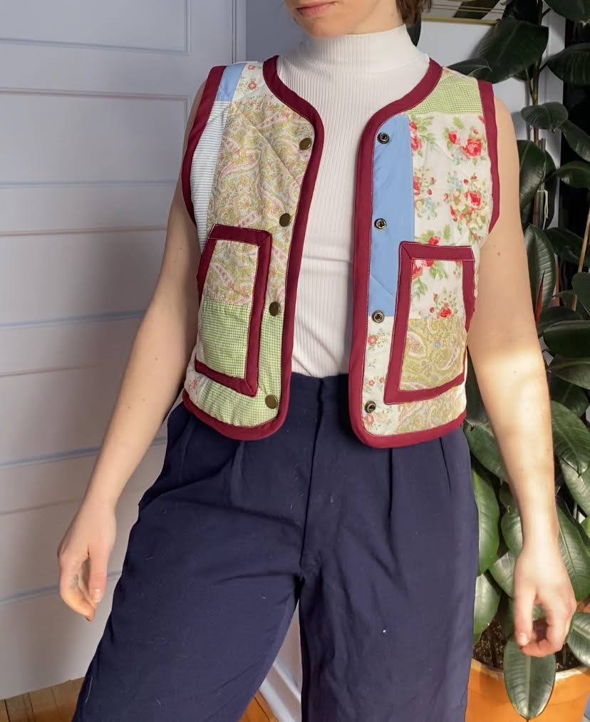 Middle Sister Co. Patchwork Floral Quilt Vest (Pastel/Burgundy Trim) - Victoire BoutiqueMiddle Sister Co.Tops Ottawa Boutique Shopping Clothing