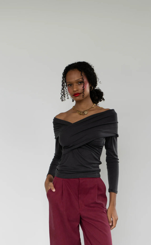 Rightful Owner Shawl Blouse (Charcoal Merino Wool) - Victoire BoutiqueRightful OwnerTops Ottawa Boutique Shopping Clothing