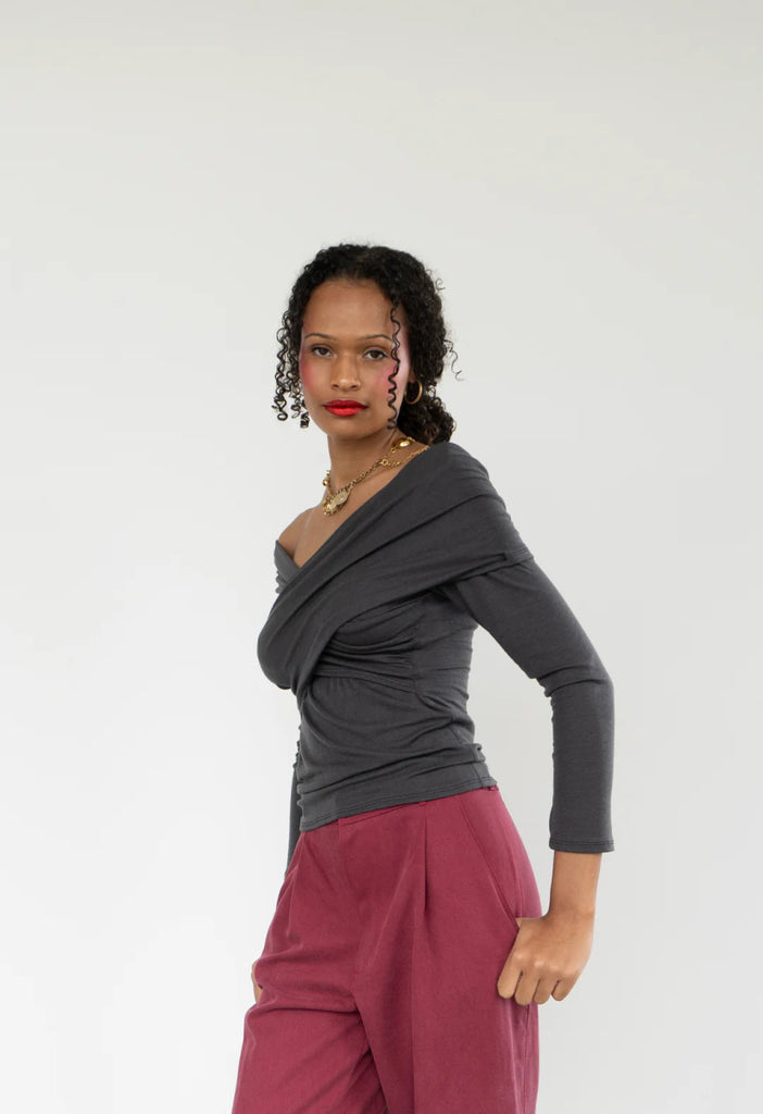Rightful Owner Shawl Blouse (Charcoal Merino Wool) - Victoire BoutiqueRightful OwnerTops Ottawa Boutique Shopping Clothing