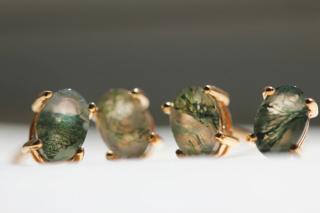 Little Gold Jewelry Victoria Tidal Pool Stud Earrings. Natural Moss Agate Gold Vermail Stud Earrings. Handmade Small Batch Jewelry. Made in British Columbia Canada. Canadian Design Independent Designer. Woman Owned Brand Business. Victoire Boutique Ottawa.