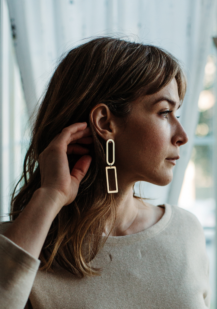 Natalie Joy Jewelry Portland Composition Collection Elongated Shape Earrings Minimalist Brass Geometric Hanging Earrings Ships from Canada Victoire Boutique