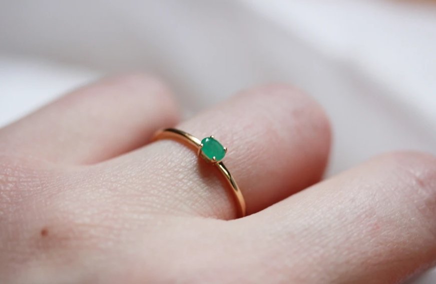 Emerald Ring Small Little Gold Mini Gem Stacking Ring (Emerald